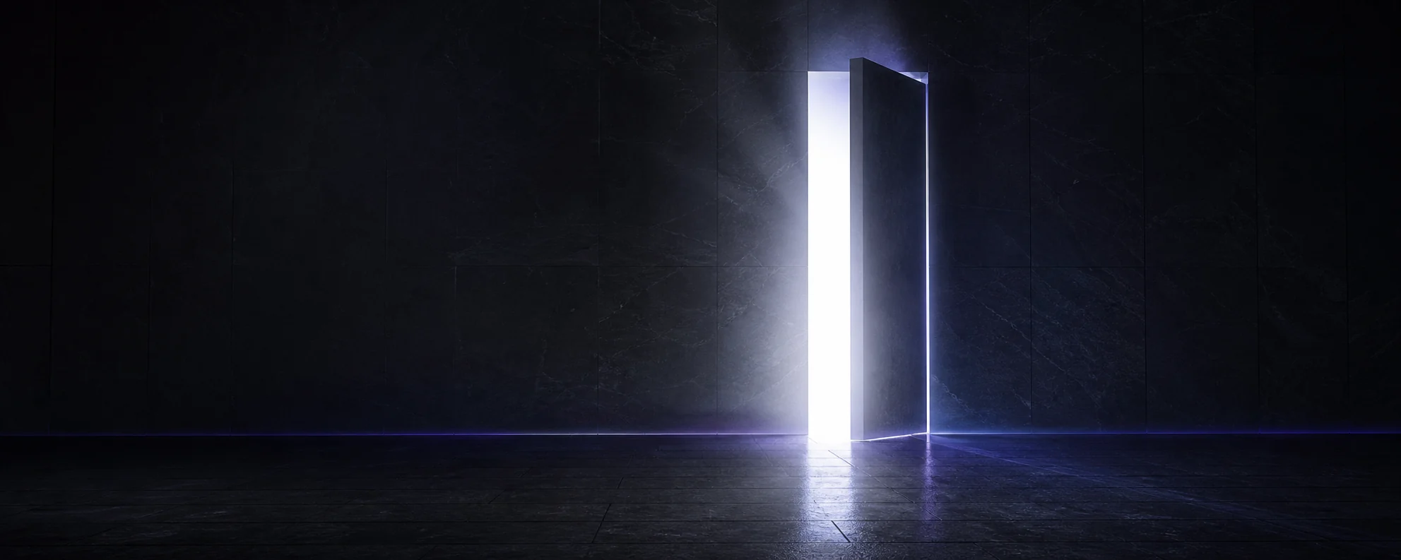 Porta iluminada em uma sala escura e minimalista