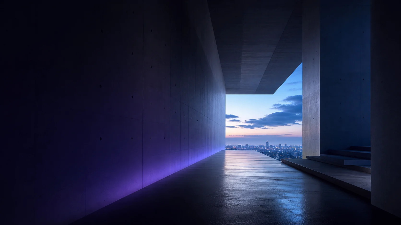 Arquitetura minimalista aberta para uma cidade ao amanhecer